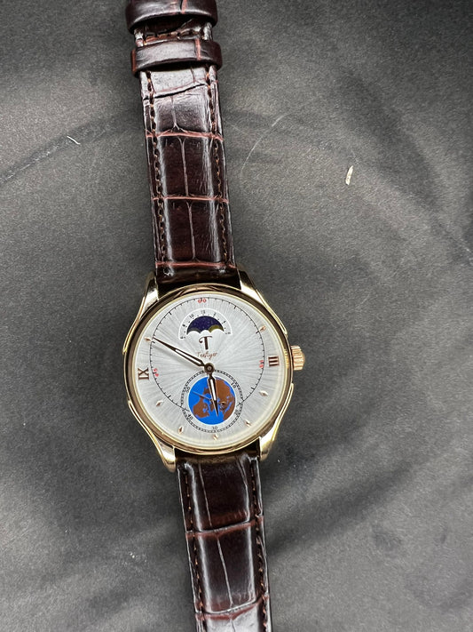Teeflyer World Time and Moon Phase Unisex Quartz Watch design in brown leather strap