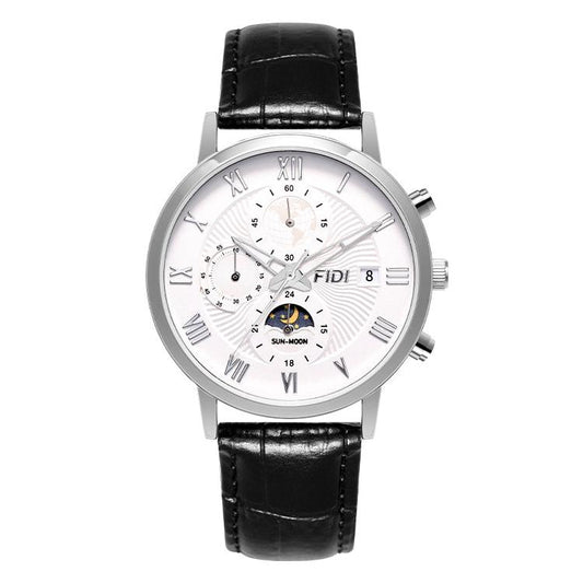 Leather Strap, Men's FIDI Moon Phase Watch Quartz Movement, FD104-SV, Silver.