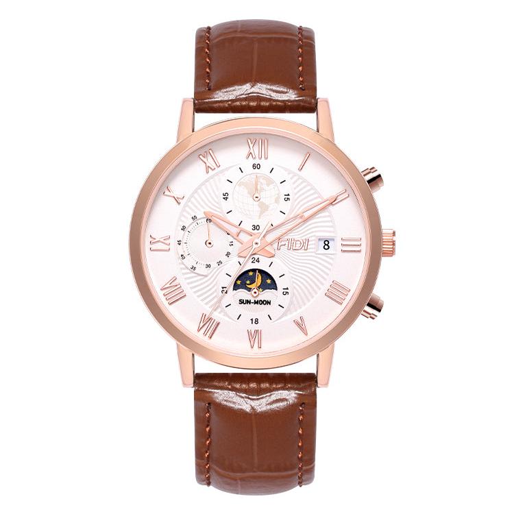 Phase Series Men's FIDI Moon Phase Watch Quartz Movement, FD104-RG Rose Gold, Leather Strap