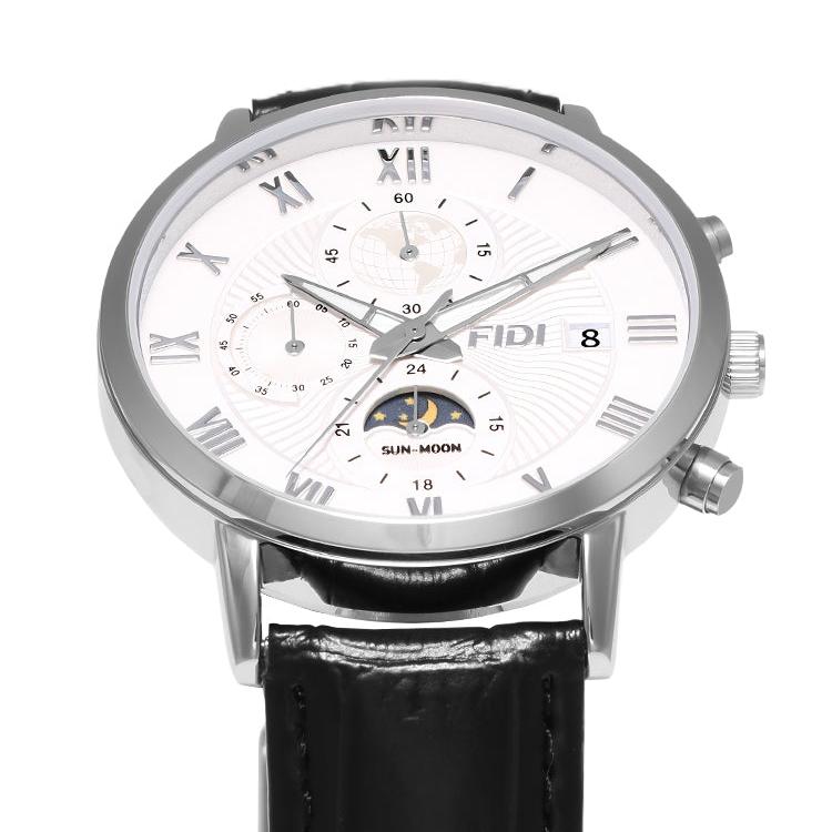 Leather Strap, Men's FIDI Moon Phase Watch Quartz Movement, FD104-SV, Silver.