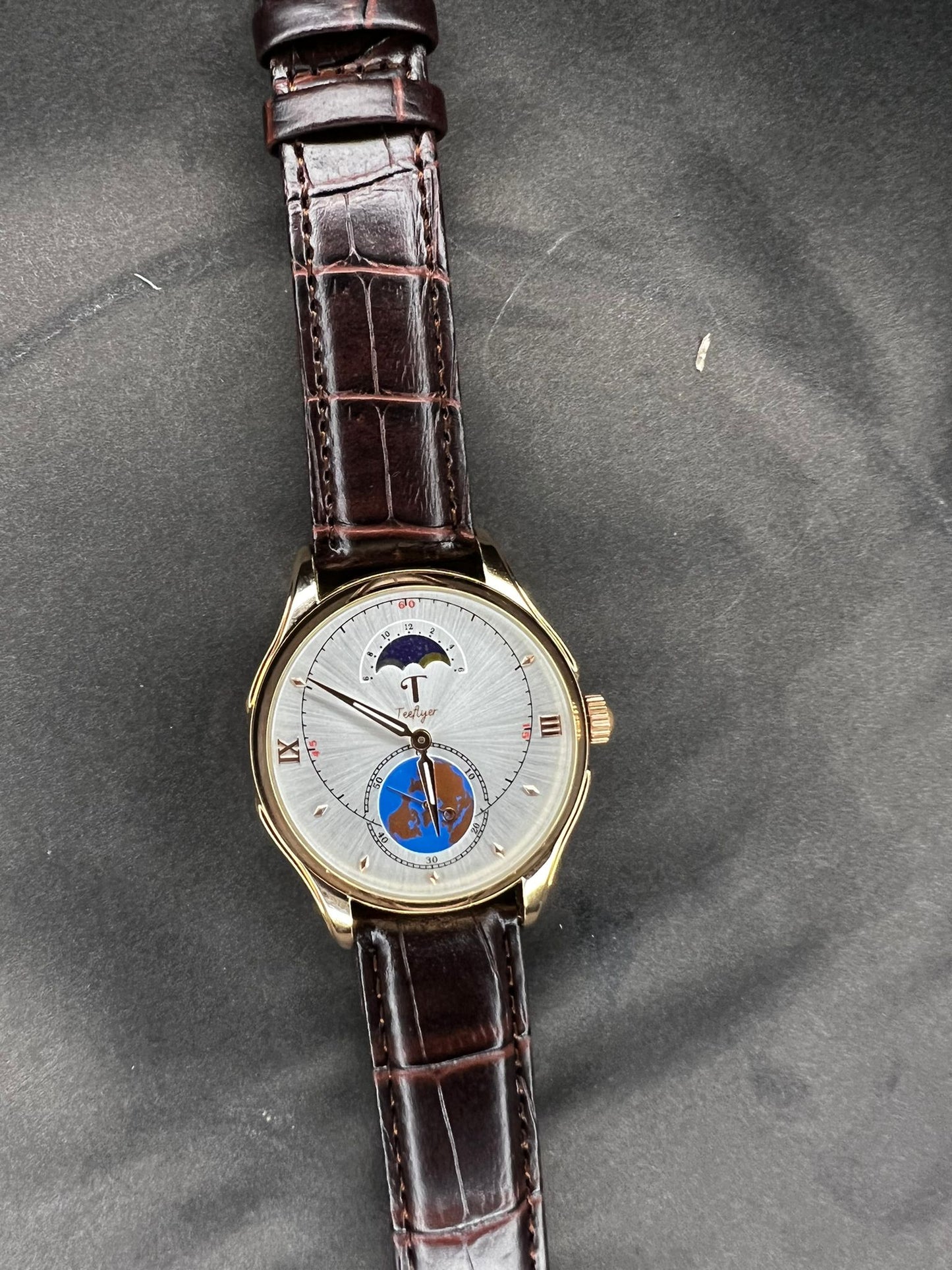 Teeflyer World Time and Moon Phase Unisex Quartz Watch design in brown leather strap