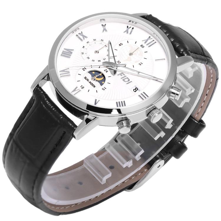 Leather Strap, Men's FIDI Moon Phase Watch Quartz Movement, FD104-SV, Silver.