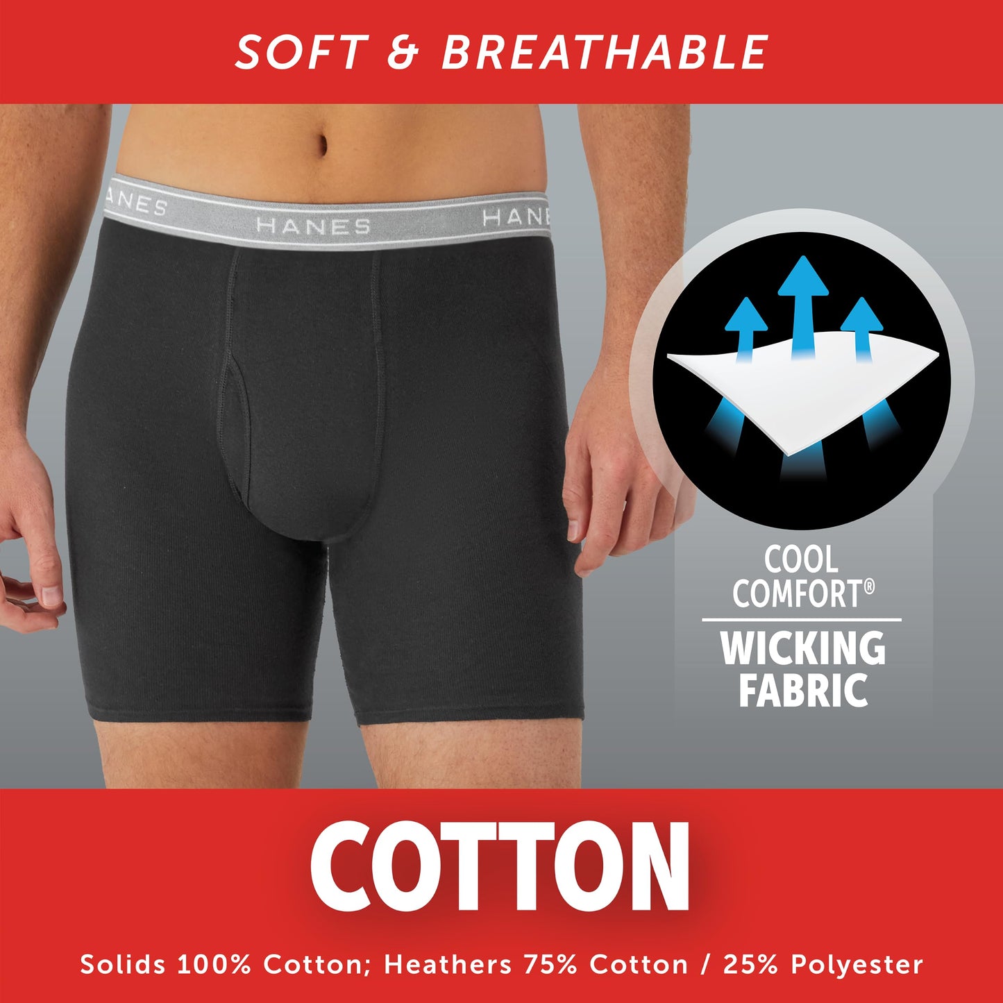 Hanes mens Underwear Boxer Briefs Pack, Cool & Breathable Cotton Moisture-wicking Underwear for Men, No Ride Up