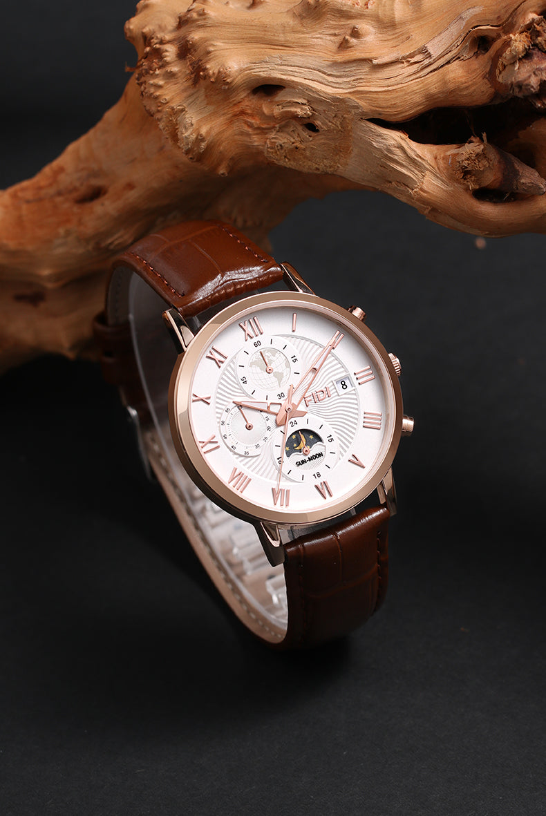 Phase Series Men's FIDI Moon Phase Watch Quartz Movement, FD104-RG Rose Gold, Leather Strap