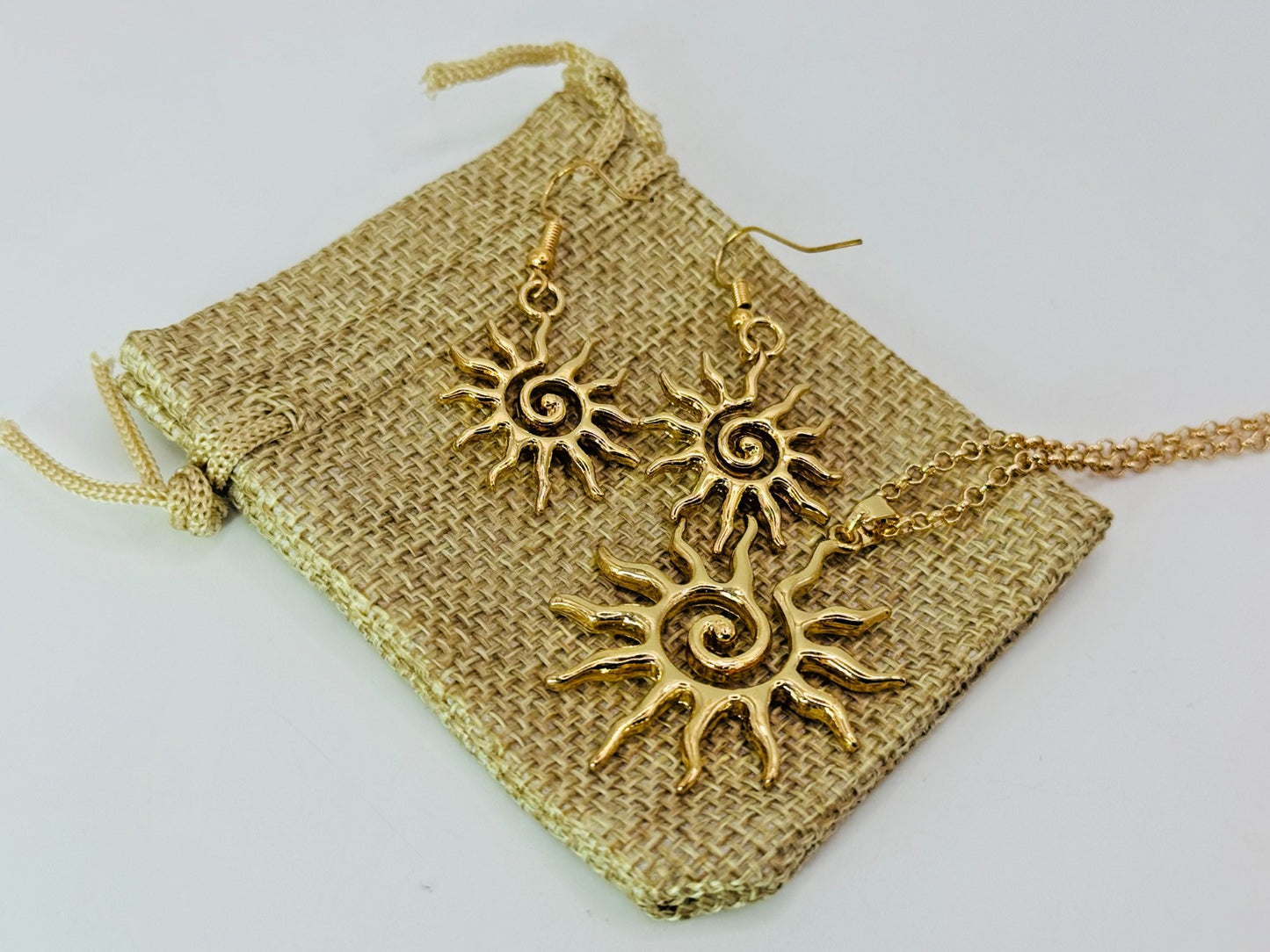 Bohemian Style Spiral Sun Swirl Gold plated Pendant Necklace & Hook Earrings Set