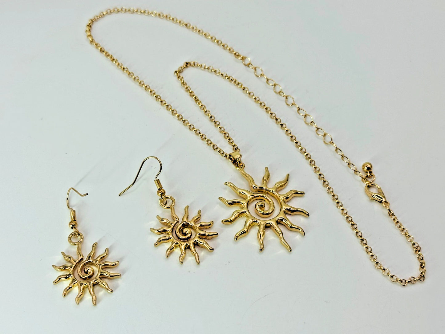 Bohemian Style Spiral Sun Swirl Gold plated Pendant Necklace & Hook Earrings Set