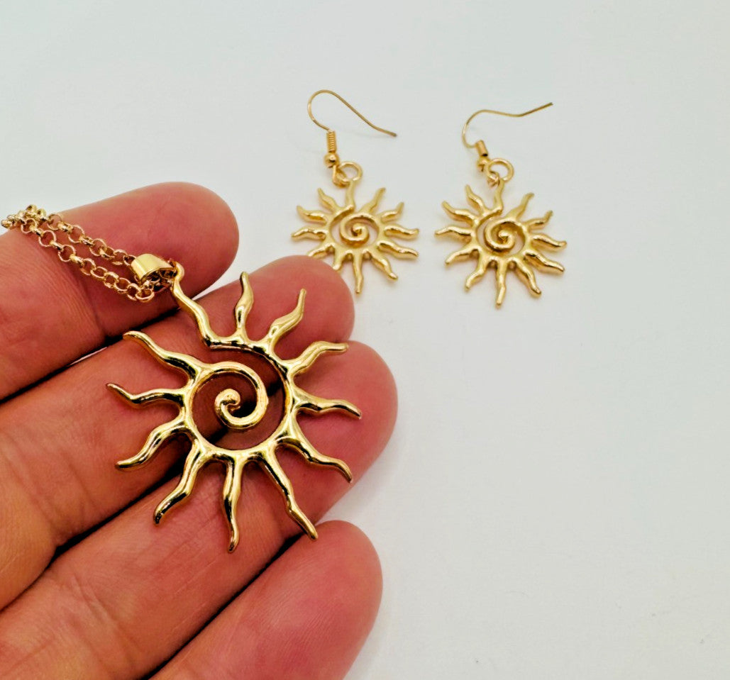 Bohemian Style Spiral Sun Swirl Gold plated Pendant Necklace & Hook Earrings Set