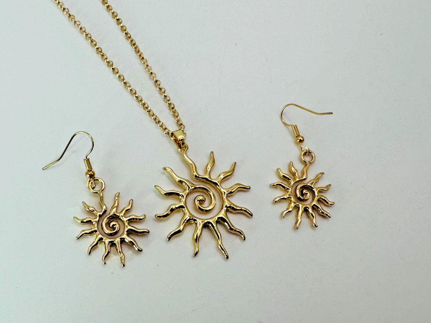 Bohemian Style Spiral Sun Swirl Gold plated Pendant Necklace & Hook Earrings Set