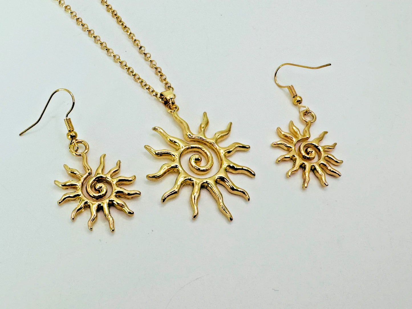 Bohemian Style Spiral Sun Swirl Gold plated Pendant Necklace & Hook Earrings Set