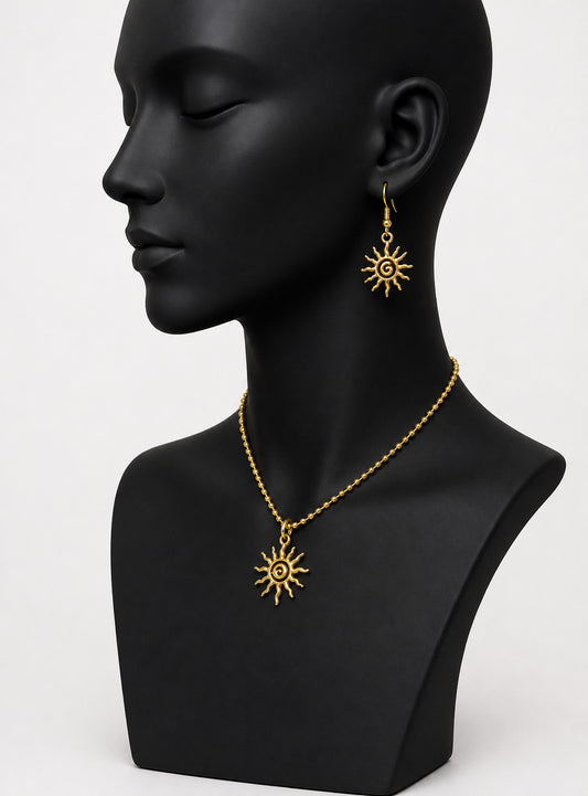 Bohemian Style Spiral Sun Swirl Gold plated Pendant Necklace & Hook Earrings Set