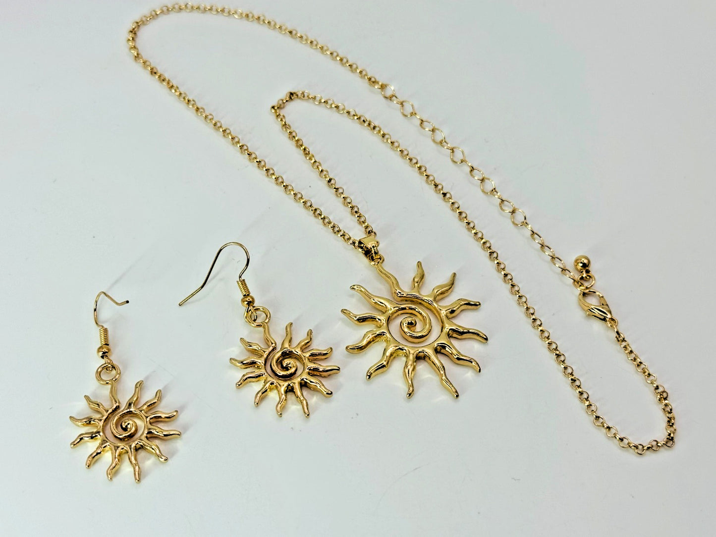 Bohemian Style Spiral Sun Swirl Gold plated Pendant Necklace & Hook Earrings Set
