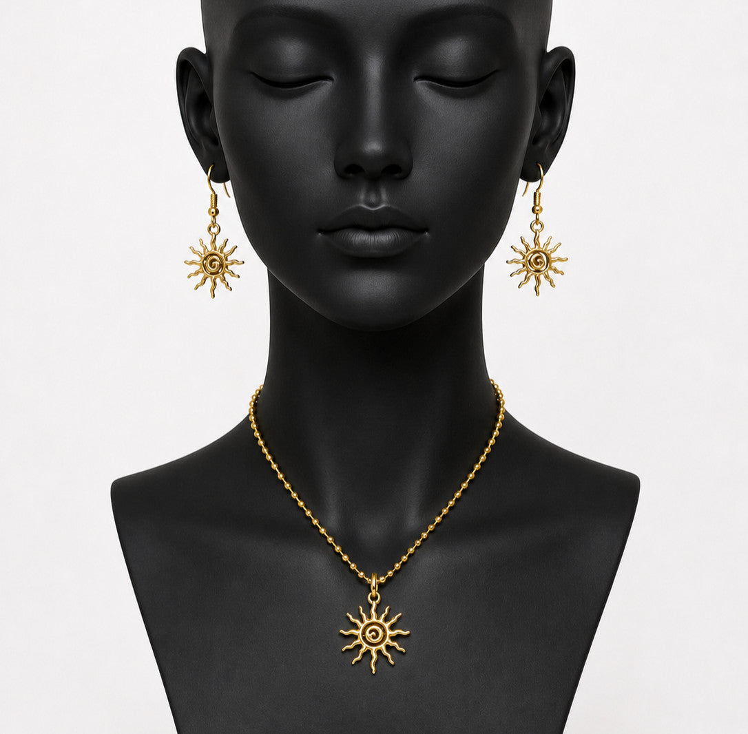 Bohemian Style Spiral Sun Swirl Gold plated Pendant Necklace & Hook Earrings Set