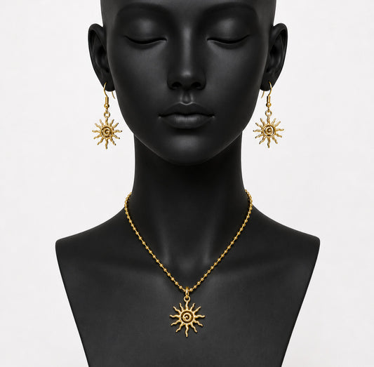 Bohemian Style Spiral Sun Swirl Gold plated Pendant Necklace & Hook Earrings Set