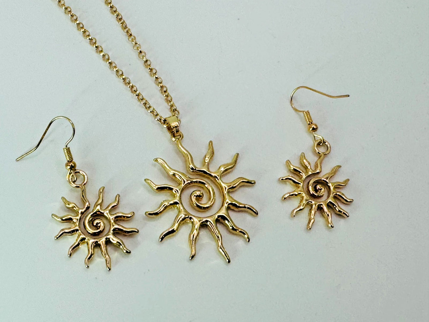 Bohemian Style Spiral Sun Swirl Gold plated Pendant Necklace & Hook Earrings Set