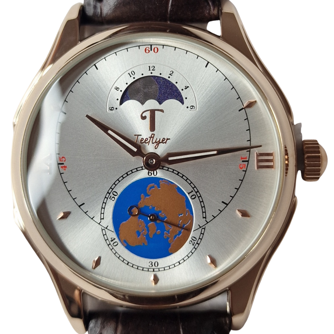 Teeflyer World Time and Moon Phase Unisex Quartz Watch design in brown leather strap
