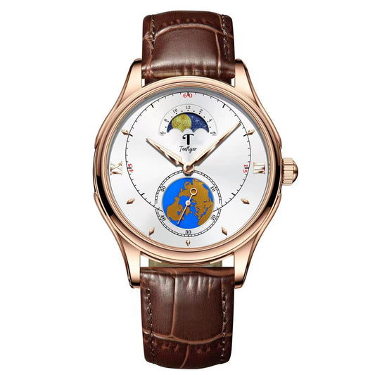 Teeflyer World Time and Moon Phase Unisex Quartz Watch design in brown leather strap