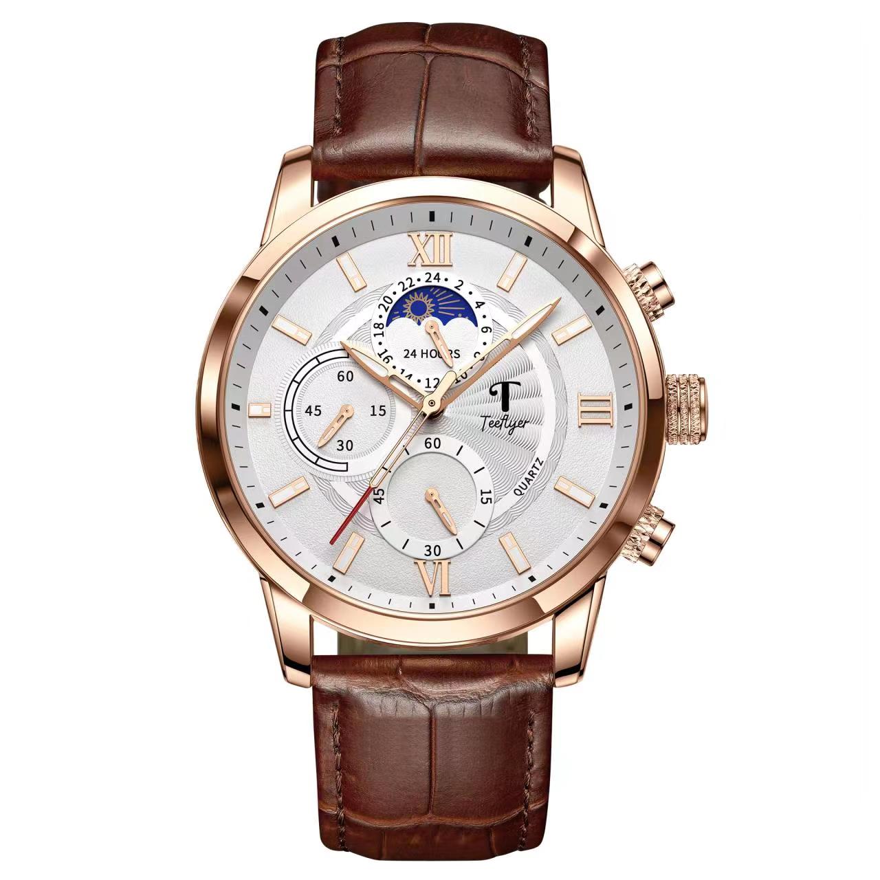 Teeflyer 12 hours moon phase quartz watch in brown leather strap